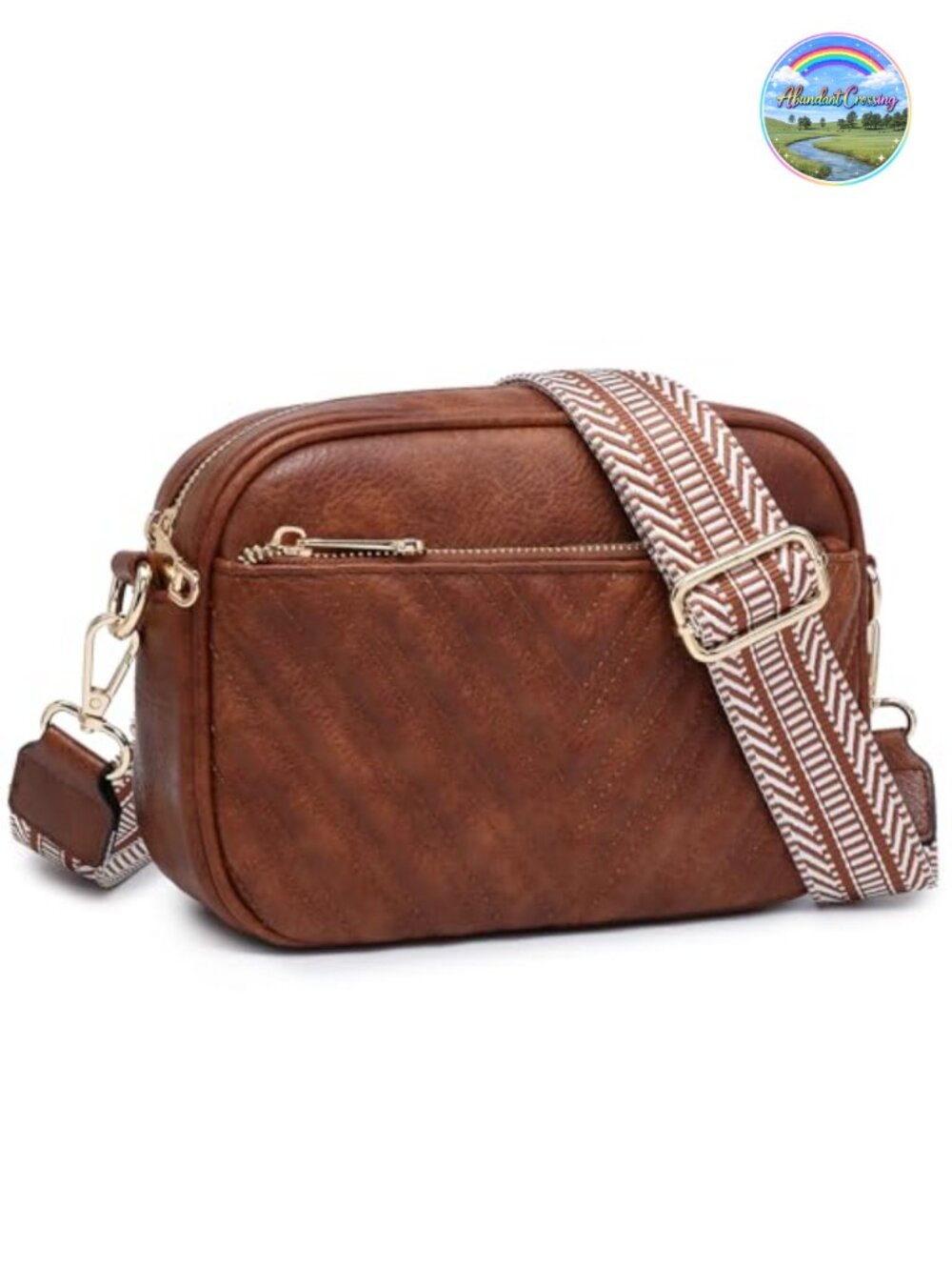 Vegan Leather Crossbody Bag Triple Zip Quilted Handbag with Wide Strap